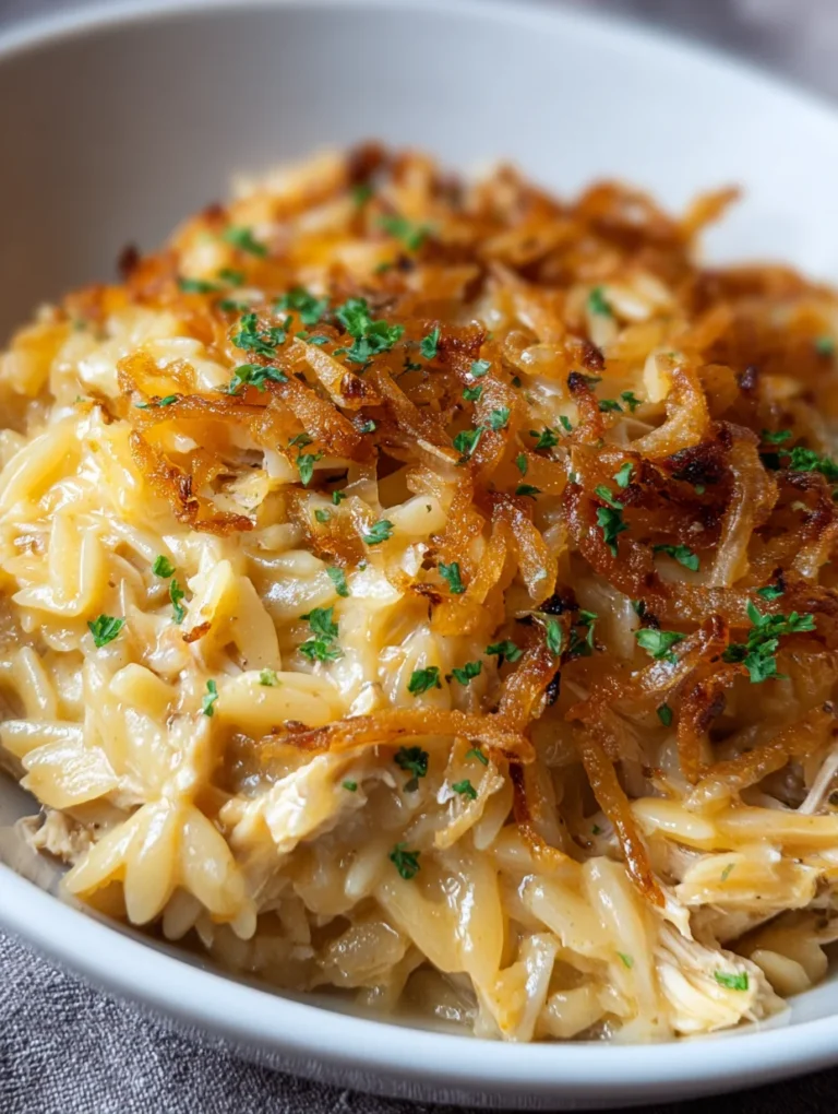 French Onion Chicken Orzo Casserole