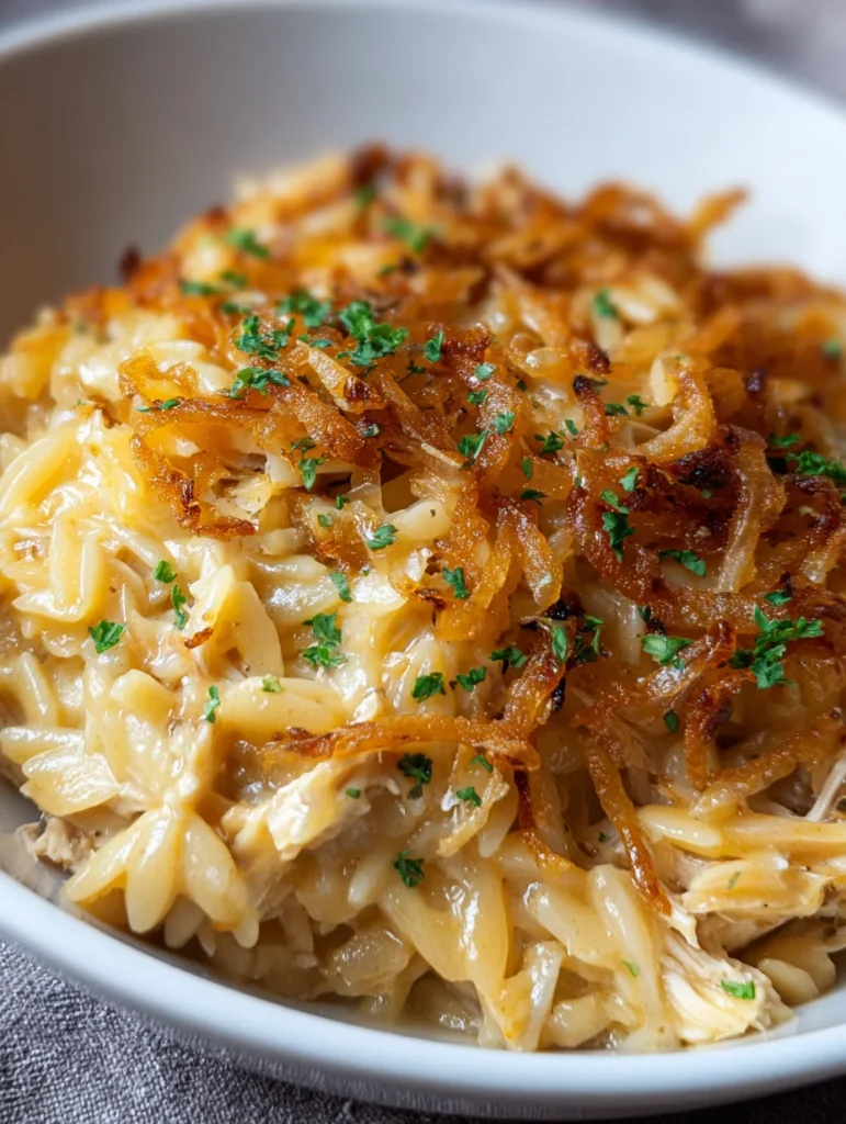 French Onion Chicken Orzo Casserole