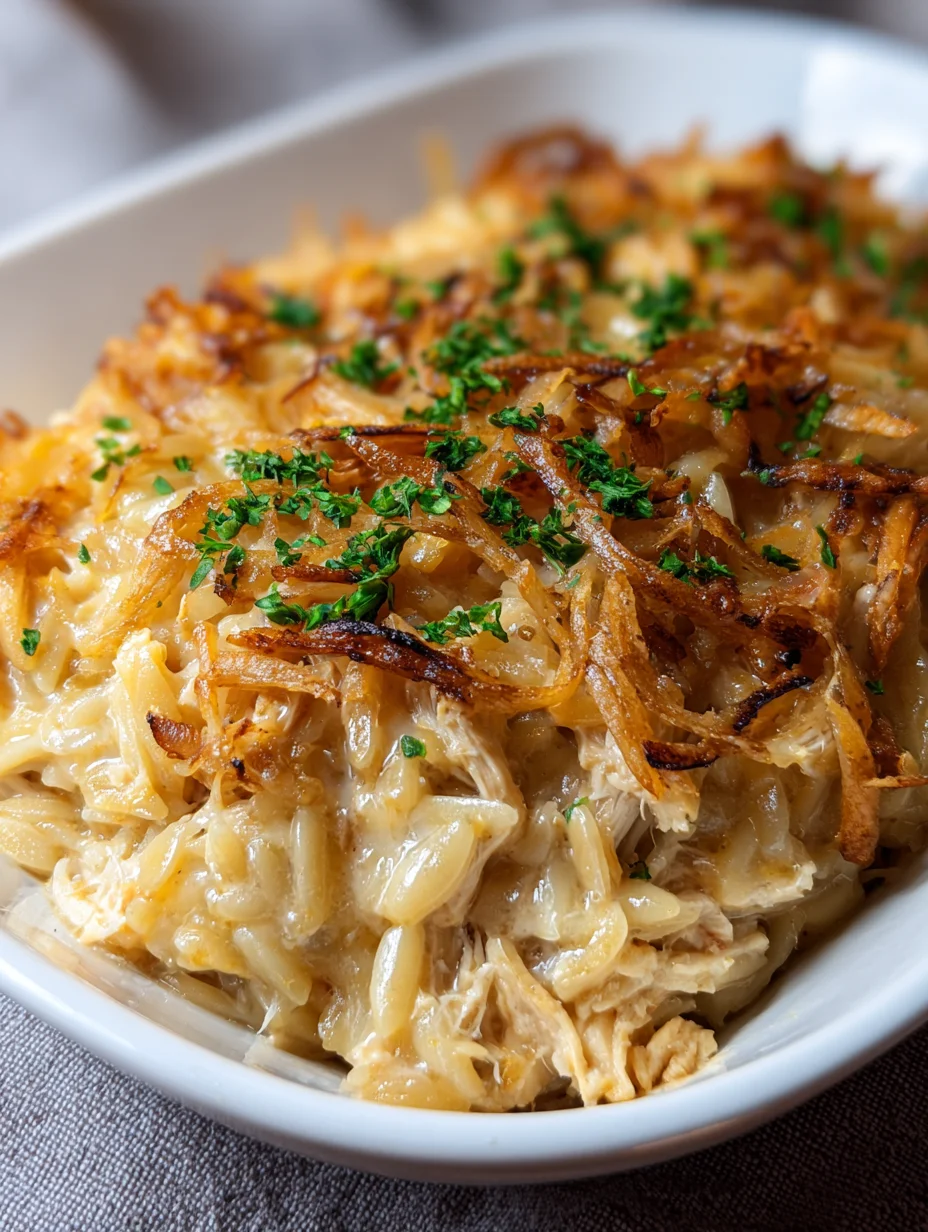 French Onion Chicken Orzo Casserole